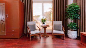 Een kamer met een grote garderobe, twee fauteuils, een kleine tafel met een bloevas en een kamerplant.
