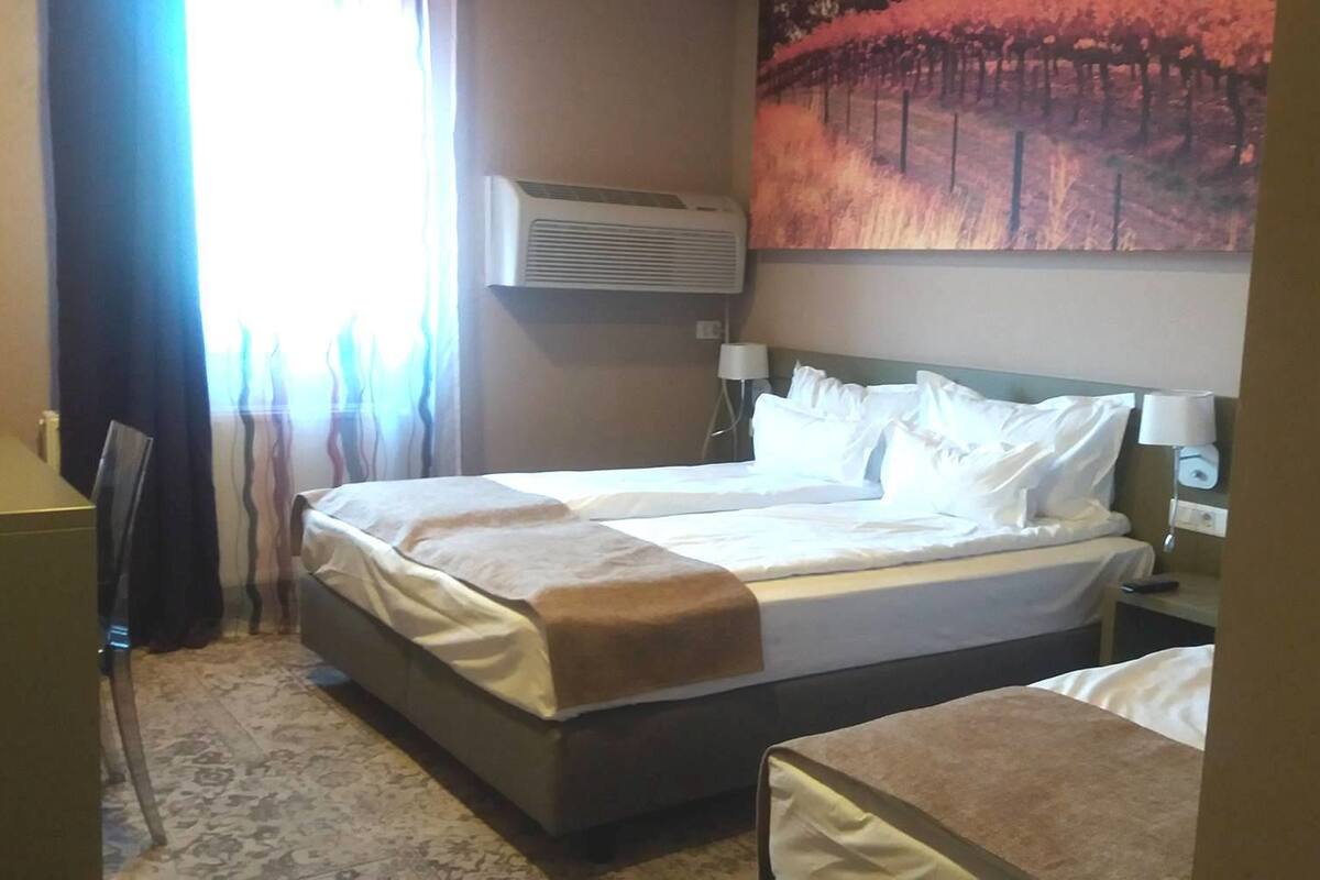Une chambre d’hôtel avec un lit, un bureau et une chaise.