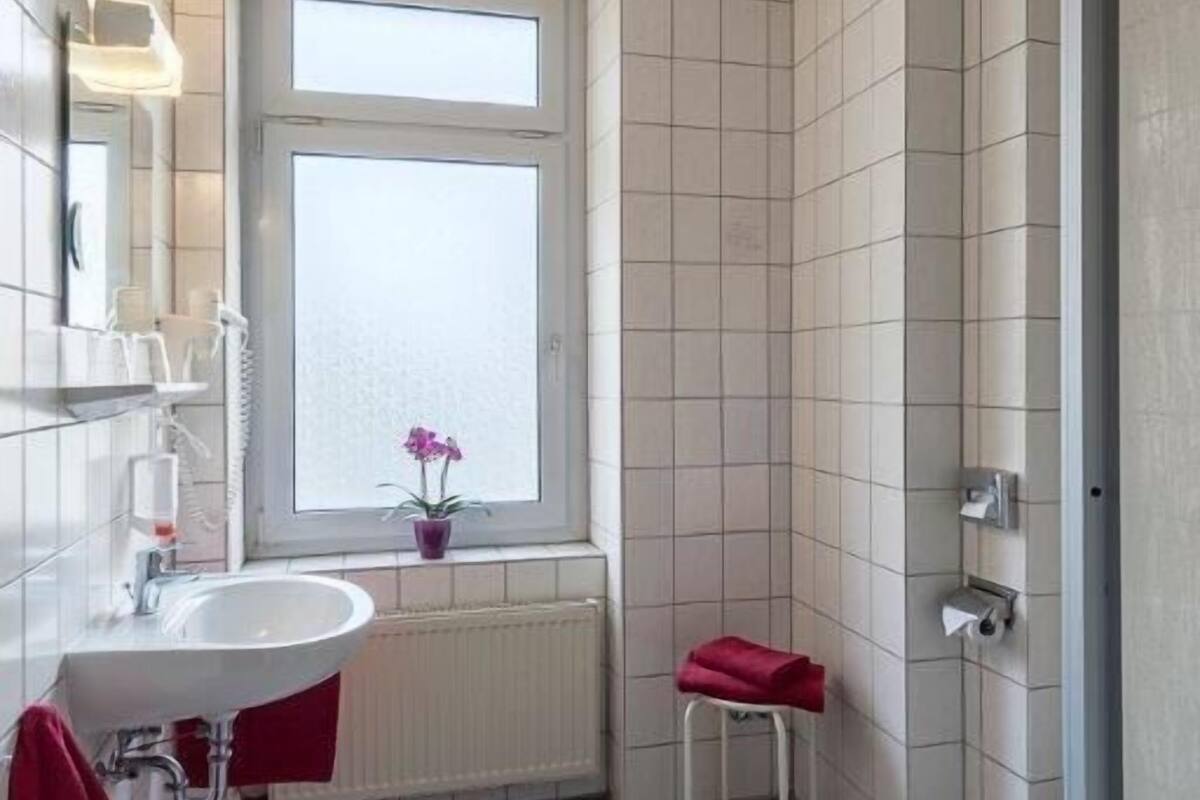 Shower, free toiletries, hair dryer, towels
