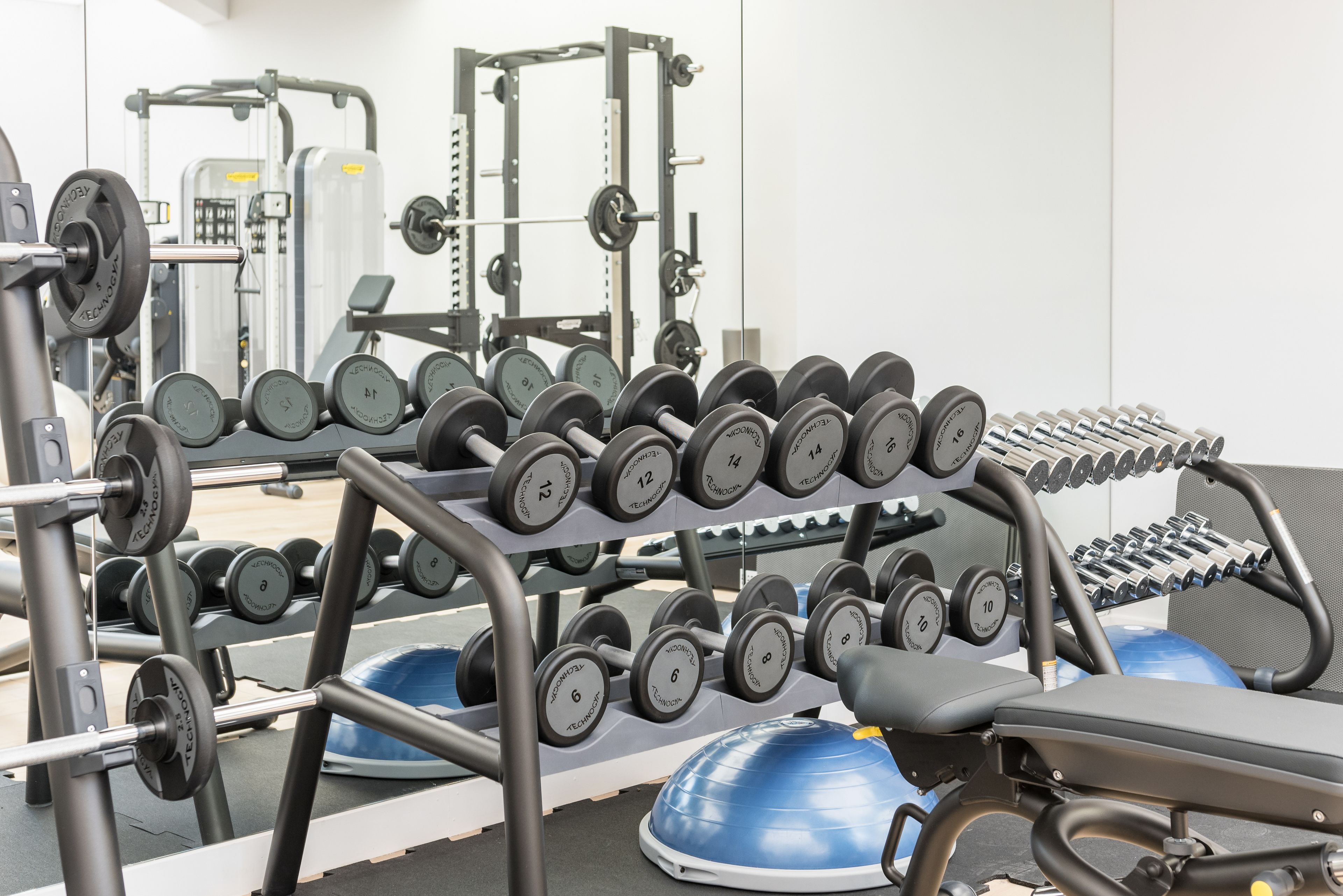 Un gimnasio con diverso equipamiento de levantamiento de pesas, incluyendo mancuernas y barras.