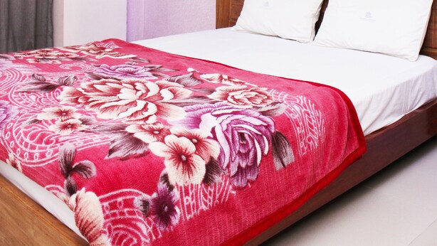 Une chambre d’hôtel moderne avec un grand lit, une couvre-lit à motifs floraux rouges et une vue sur la ville par la fenêtre.