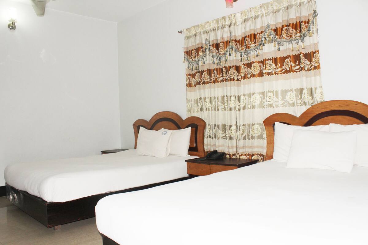Une chambre d’hôtel avec deux lits simples, une tête de lit en bois, une table de chevet avec un téléphone et un rideau à motifs.