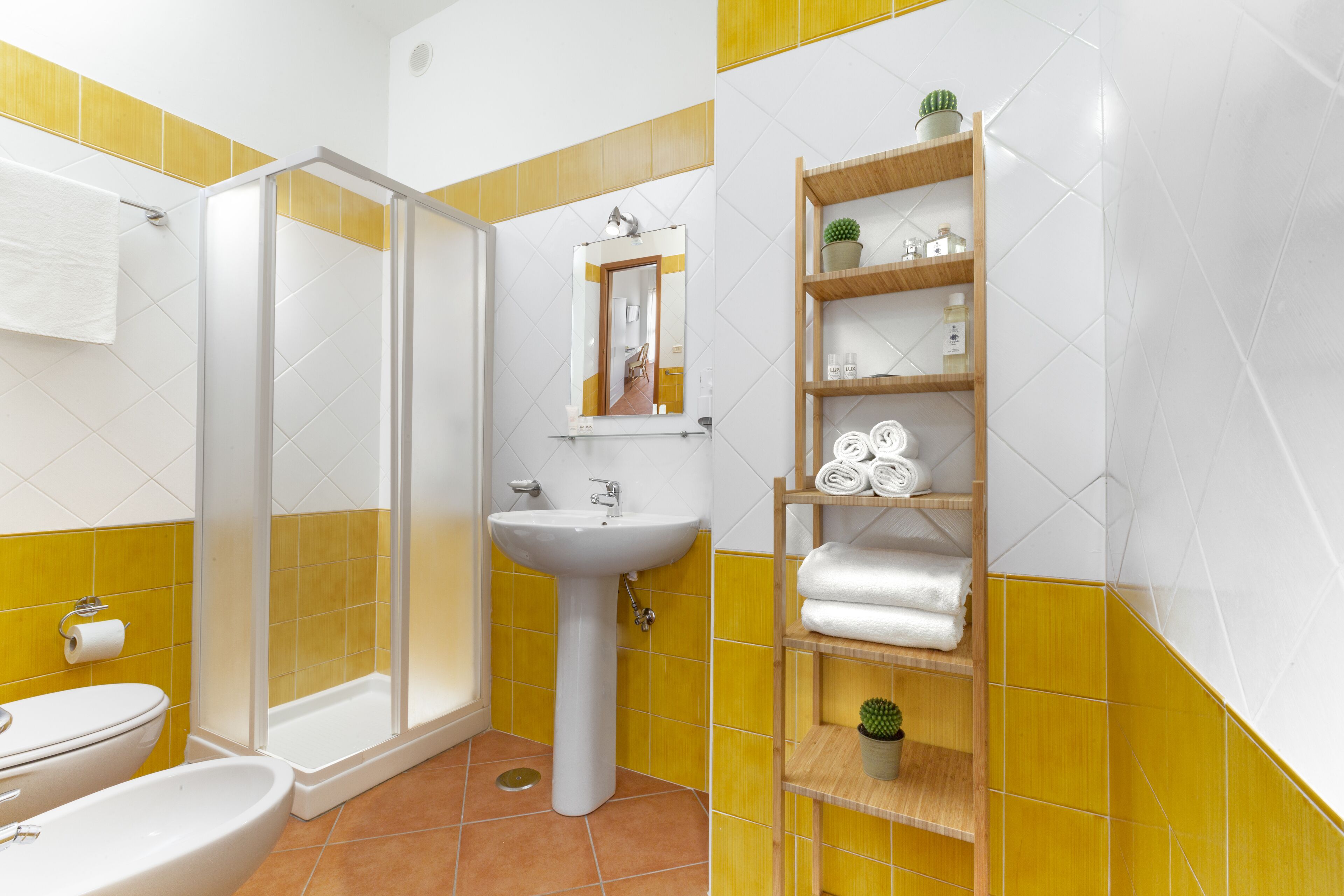 Une salle de bain équipée d’une douche, d’un lavabo, de toilettes et d’une étagère avec des serviettes et un cactus.