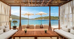 Private beach, white sand, beach cabanas, sun loungers
