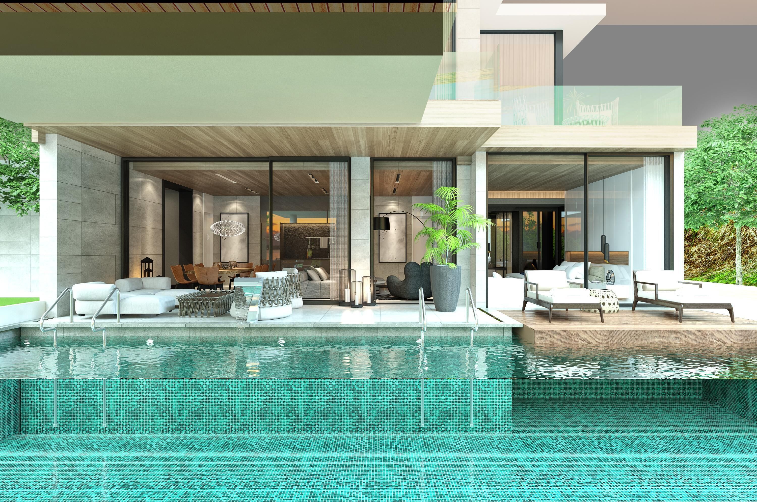 من حمّامات السباحة المغطاة، 6 من حمّامات السباحة الخارجية، مقاعد للتشمس