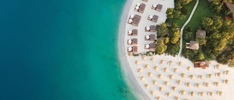 Private beach, white sand, beach cabanas, sun-loungers