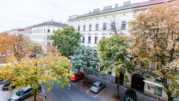 A street view with parked cars, trees, and a building with classical architecture. - Cosy 2 bedroom Apartment (Vienna)