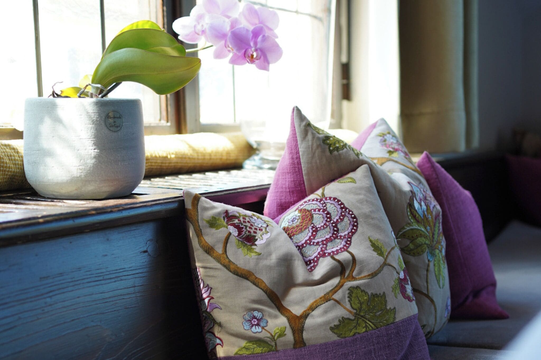 A window seat with a potted plant, decorative pillows, and a view of the outdoors.