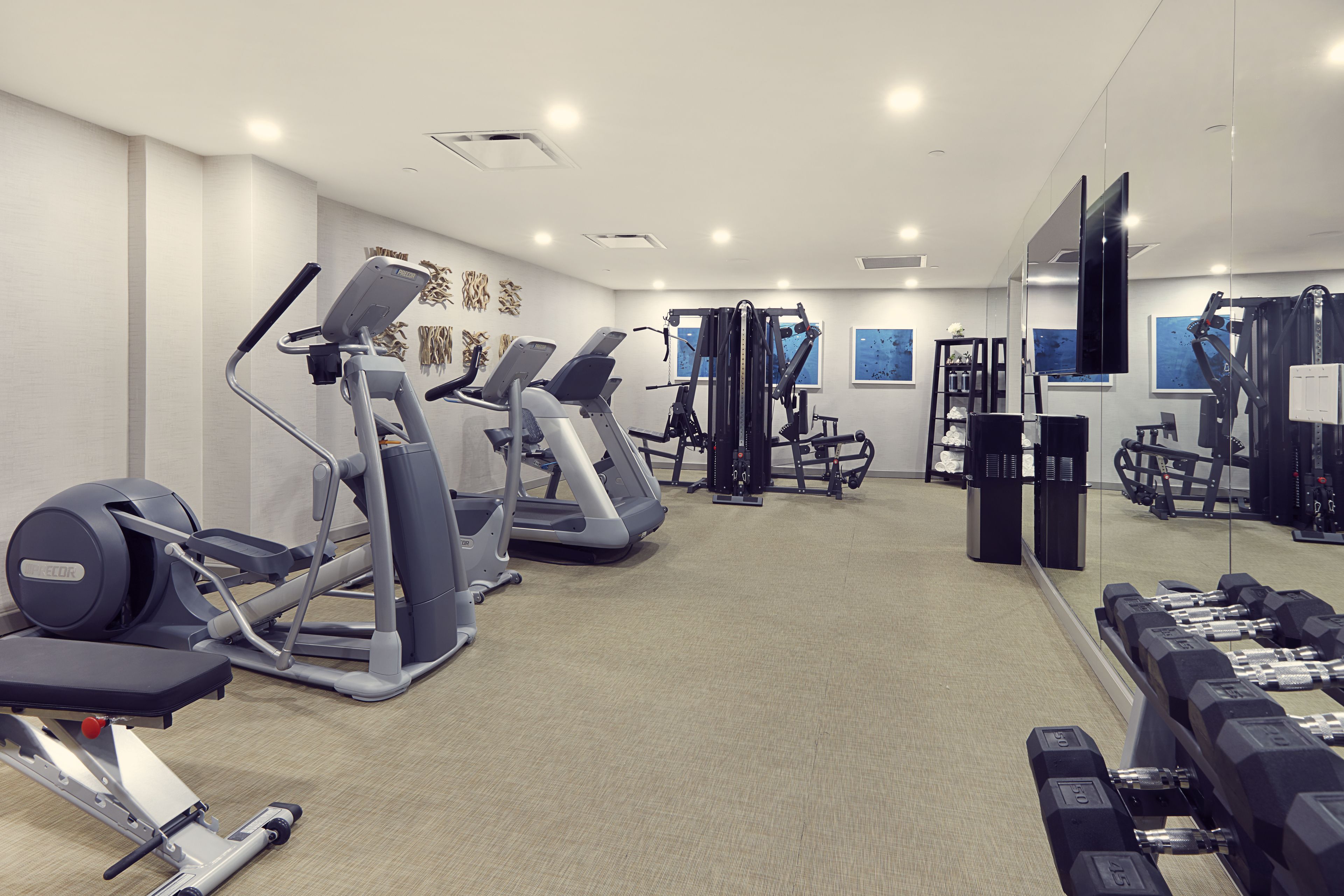 A gym with treadmills, weight machines, and dumbbells.