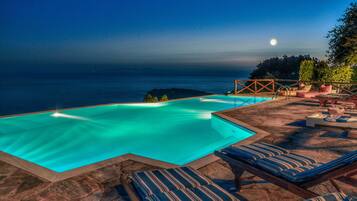 Alberca al aire libre, sombrillas en la alberca y camastros