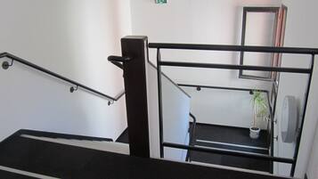 A staircase with a handrail, a potted plant, and a wall-mounted emergency exit sign.