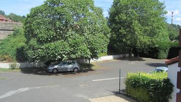 A parking lot with a car parked under a large tree.
