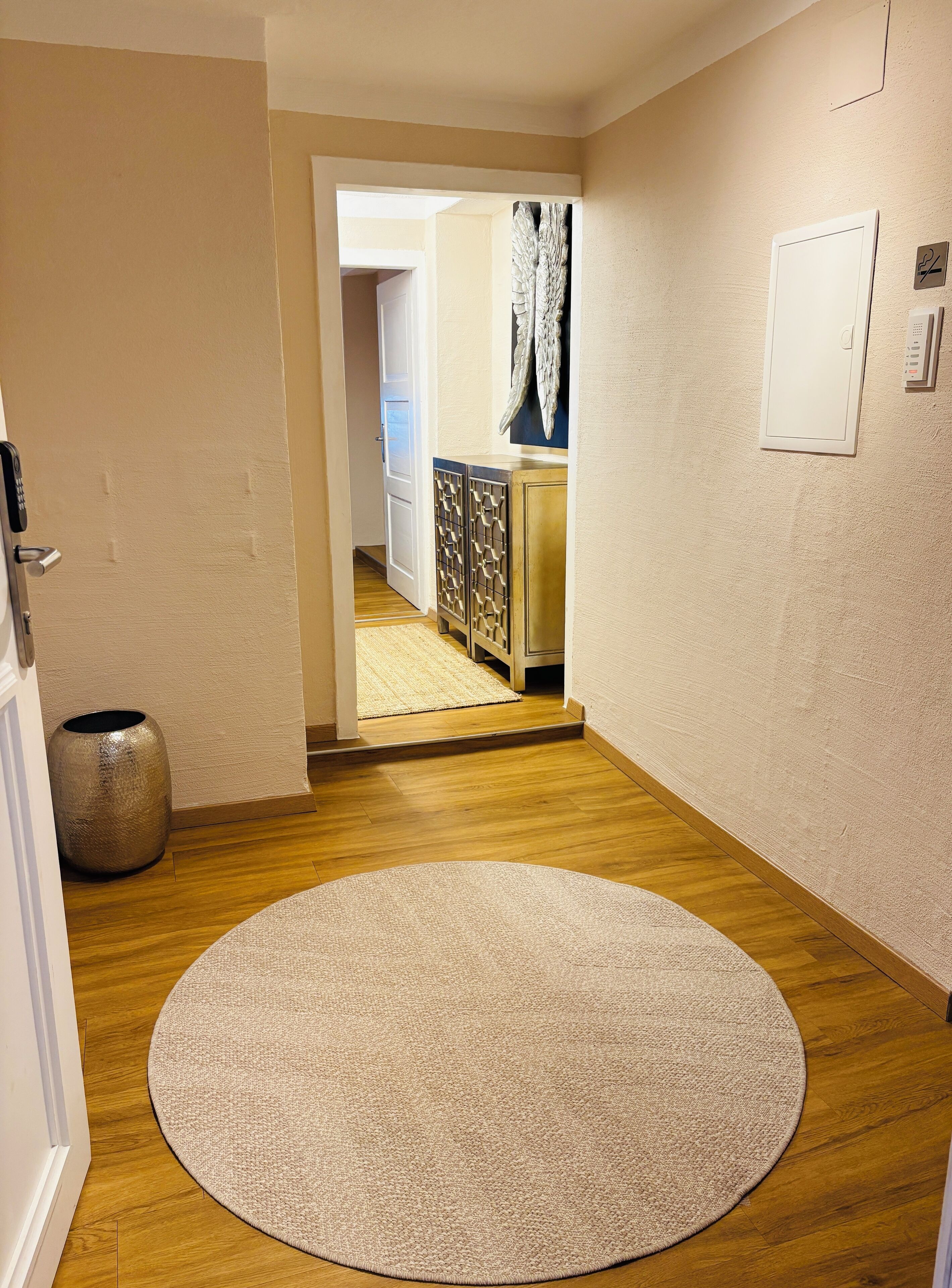 A hallway with a round beige rug, wooden flooring, a white door, a decorative wall piece, and a small potted plant.
