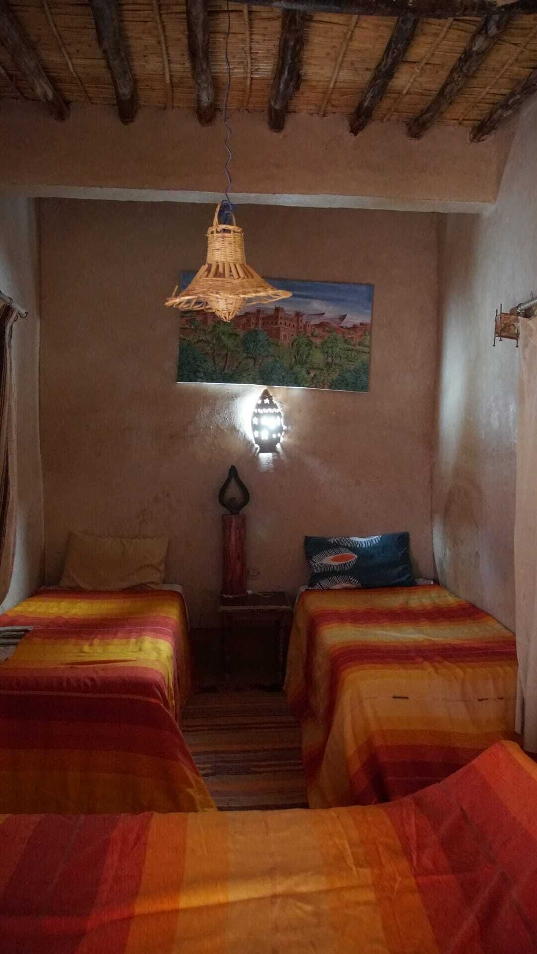 A room with two beds, a hanging light fixture, a painting, and a nightlight.