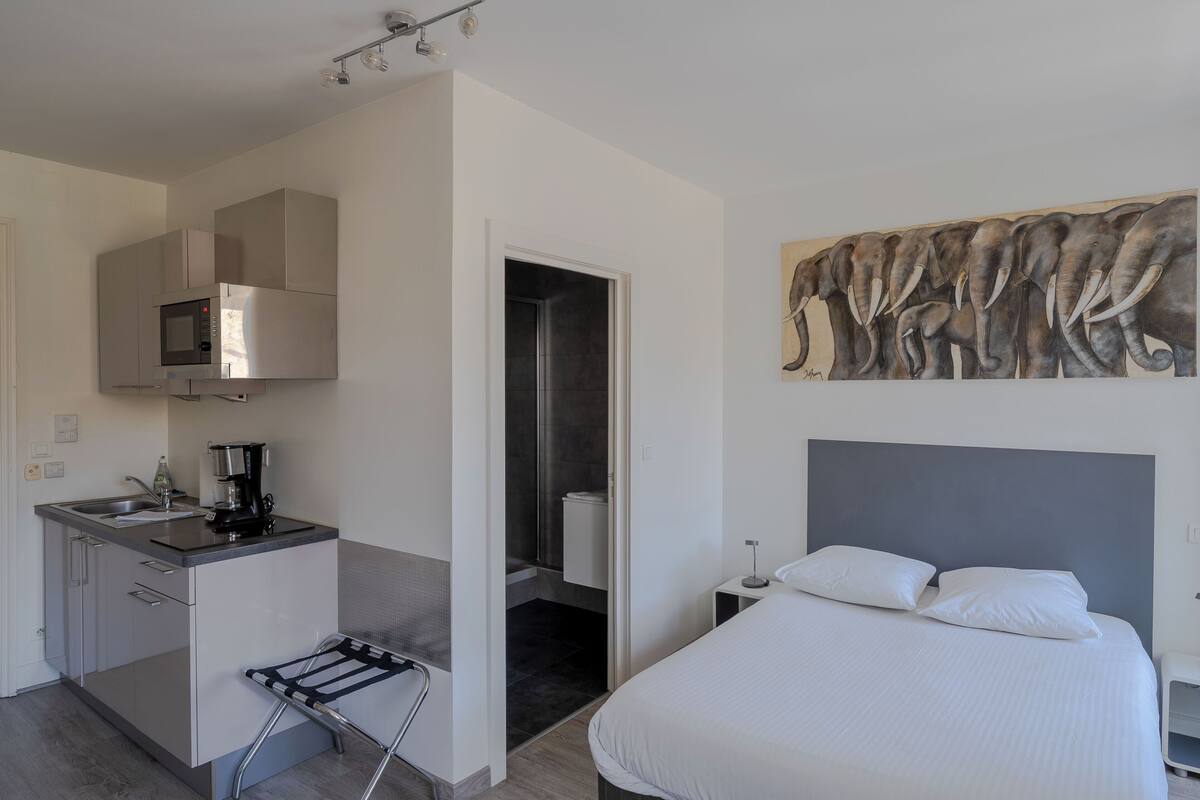 A modern hotel room with a bed, a painting of elephants, a kitchenette, and a shower area.