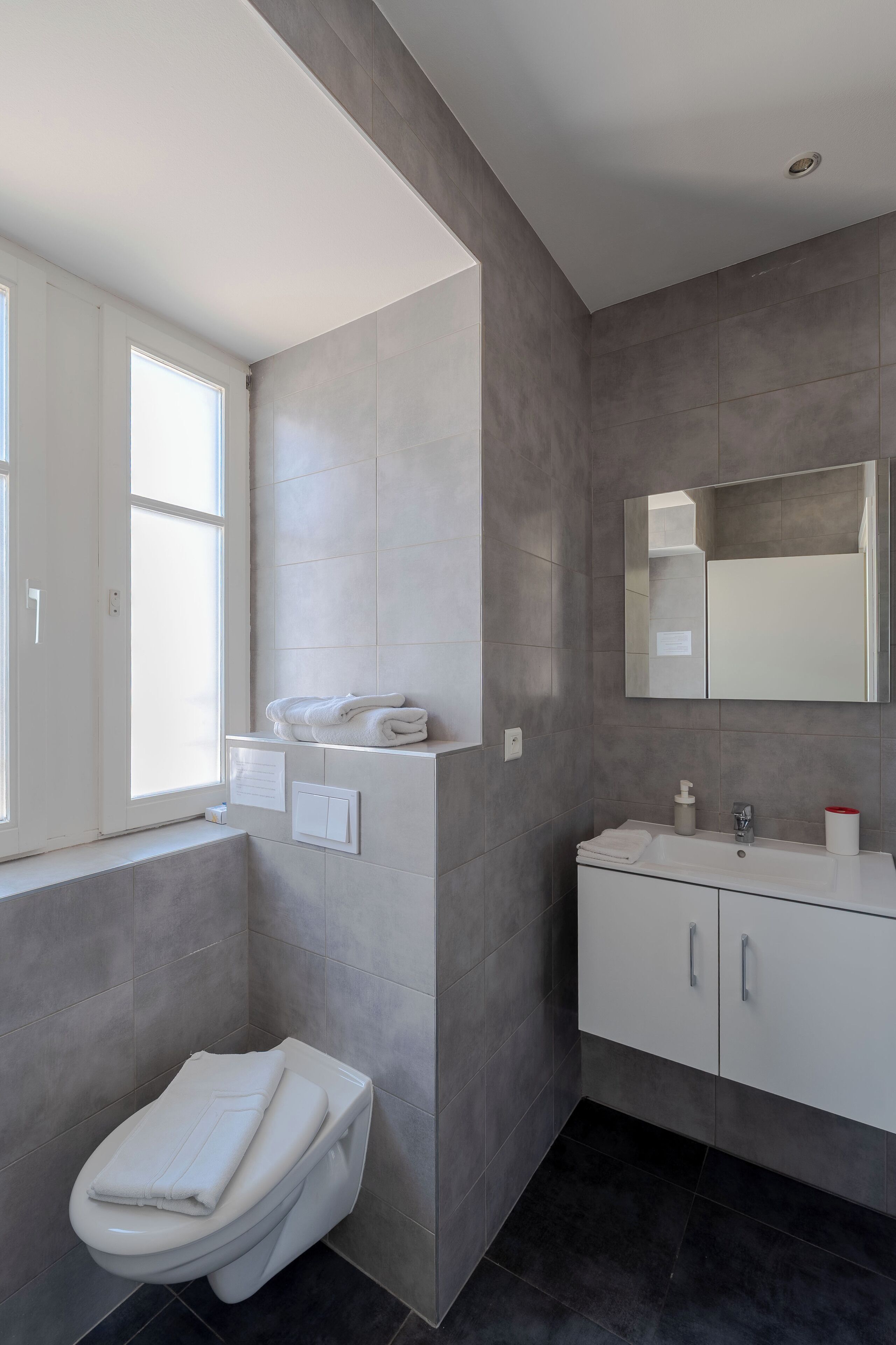 A modern bathroom with a toilet, sink, and mirror.