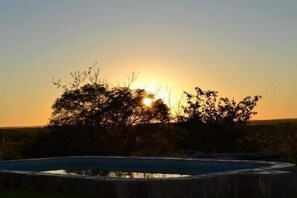 Ein Sonnenuntergang über einem Gewässer, mit gegen den Himmel abgesetzten Baumansätzen.