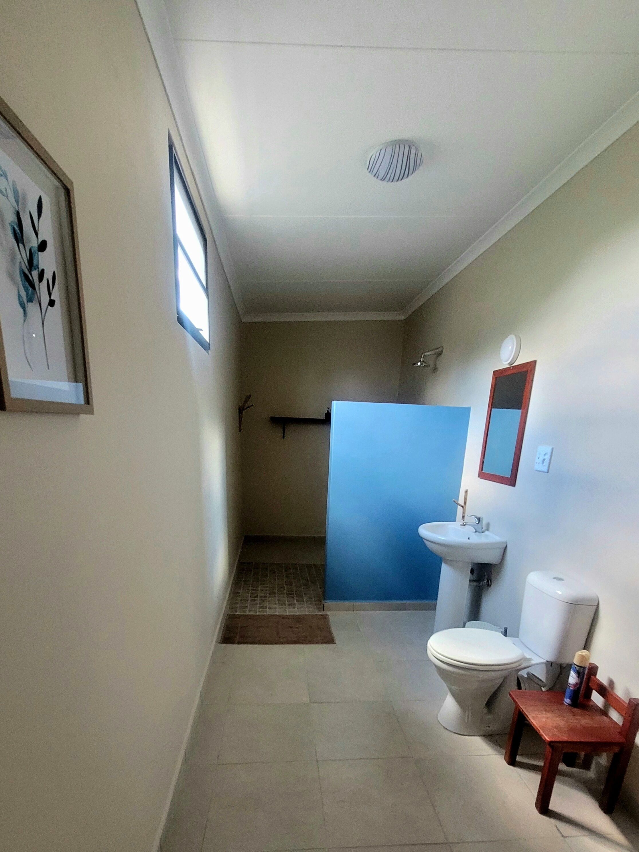A bathroom with a toilet, sink, and a small wooden chair.