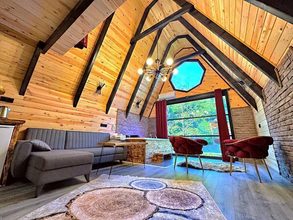 Suíte superluxo, banheira de hidromassagem, vista para o rio | Área de estar | TV LED 54 polegadas com canais a cabo, TV, lareira