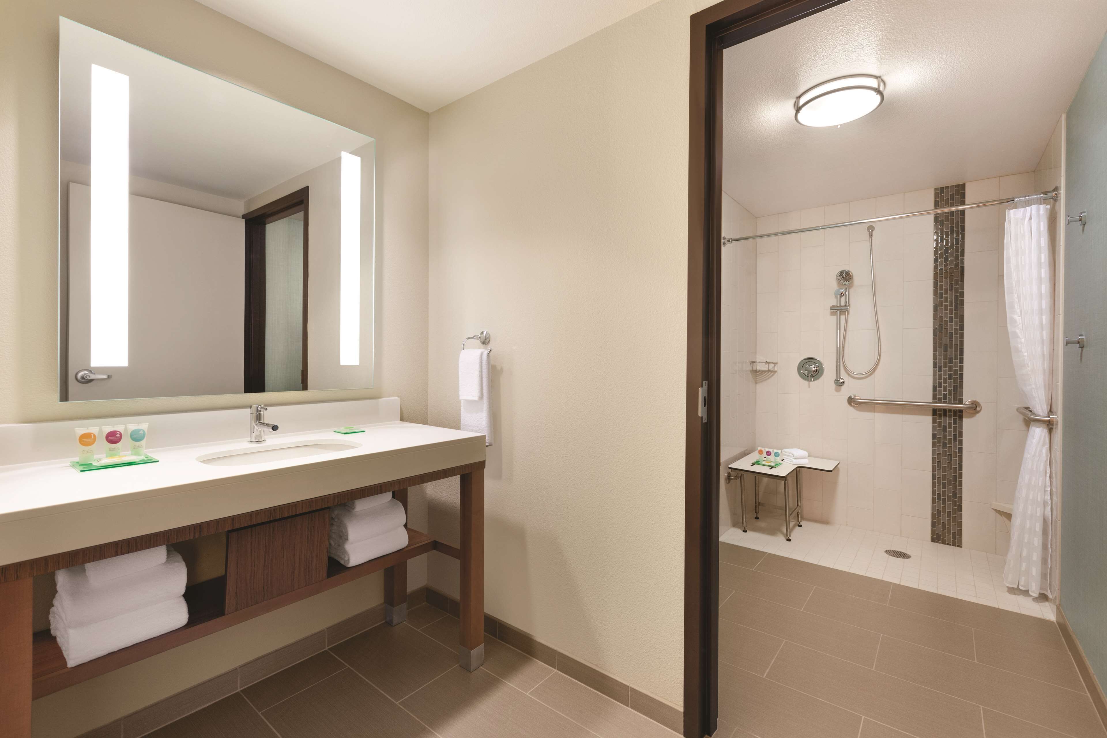 A bathroom with a sink, mirror, and shower area.
