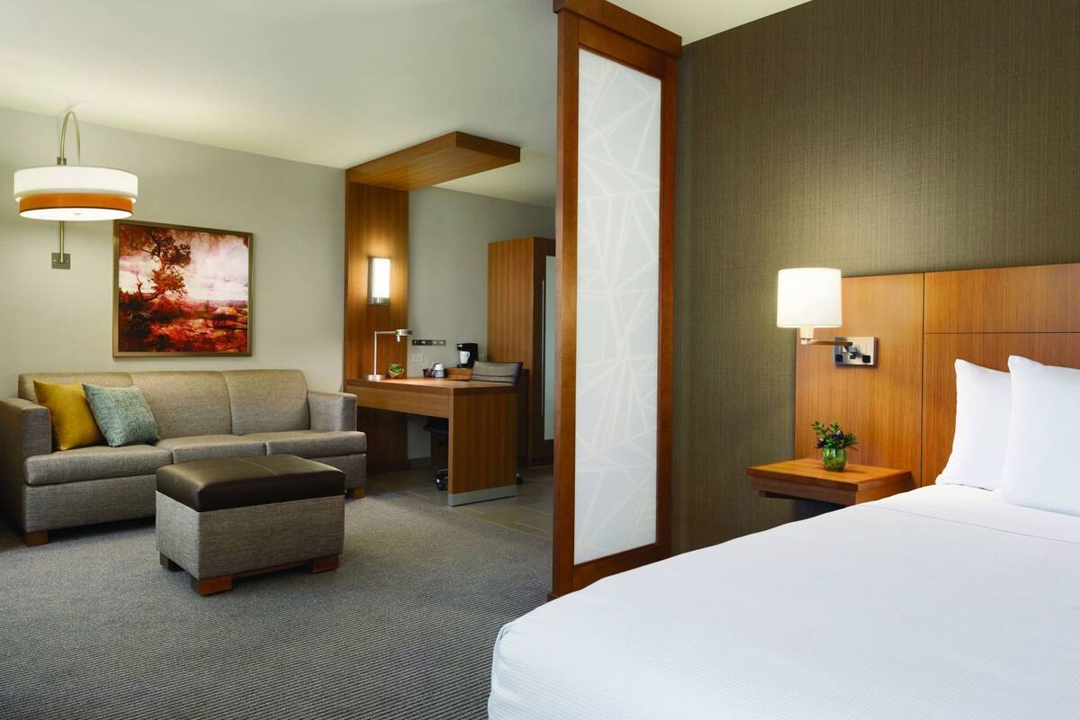 A hotel room with a bed, a sofa, a desk, a chair, and a nightstand.