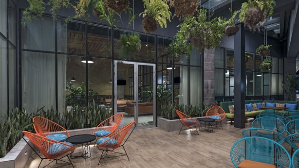 Un espace de détente intérieur avec des chaises orange et bleues, un plancher en bois et des plantes suspendues.