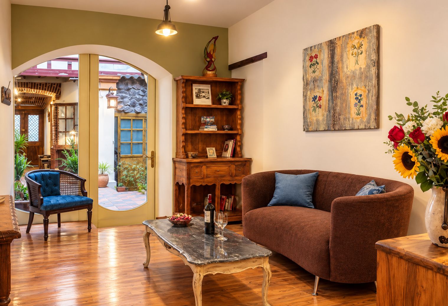 Un salon chaleureux avec un canapé marron, un fauteuil bleu et une table basse en bois.