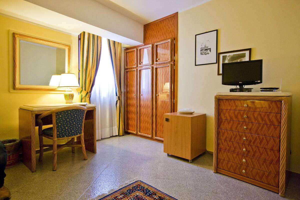 Habitación de hotel con escritorio de madera, silla, armario, televisor y una alfombra pequeña.
