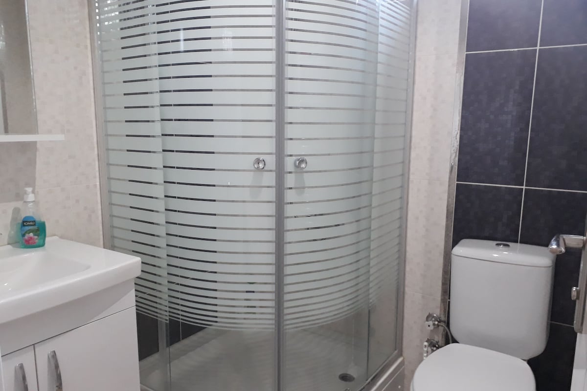 A bathroom with a glass-enclosed shower, a white toilet, and a sink with a soap dispenser.