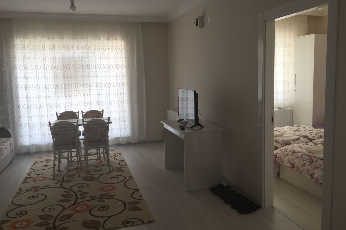 A room with a dining table, chairs, a TV, a bed, and a door leading to another room.