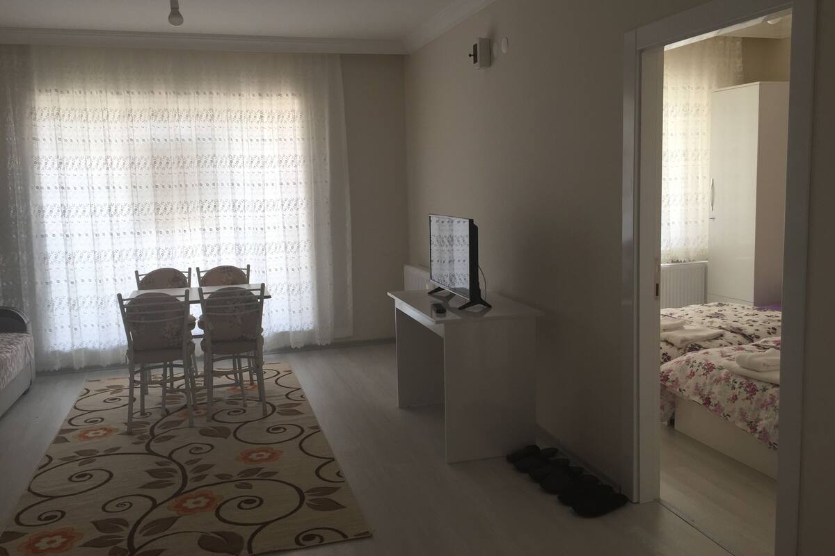 A room with a dining table, chairs, a TV, a bed, and a door leading to another room.