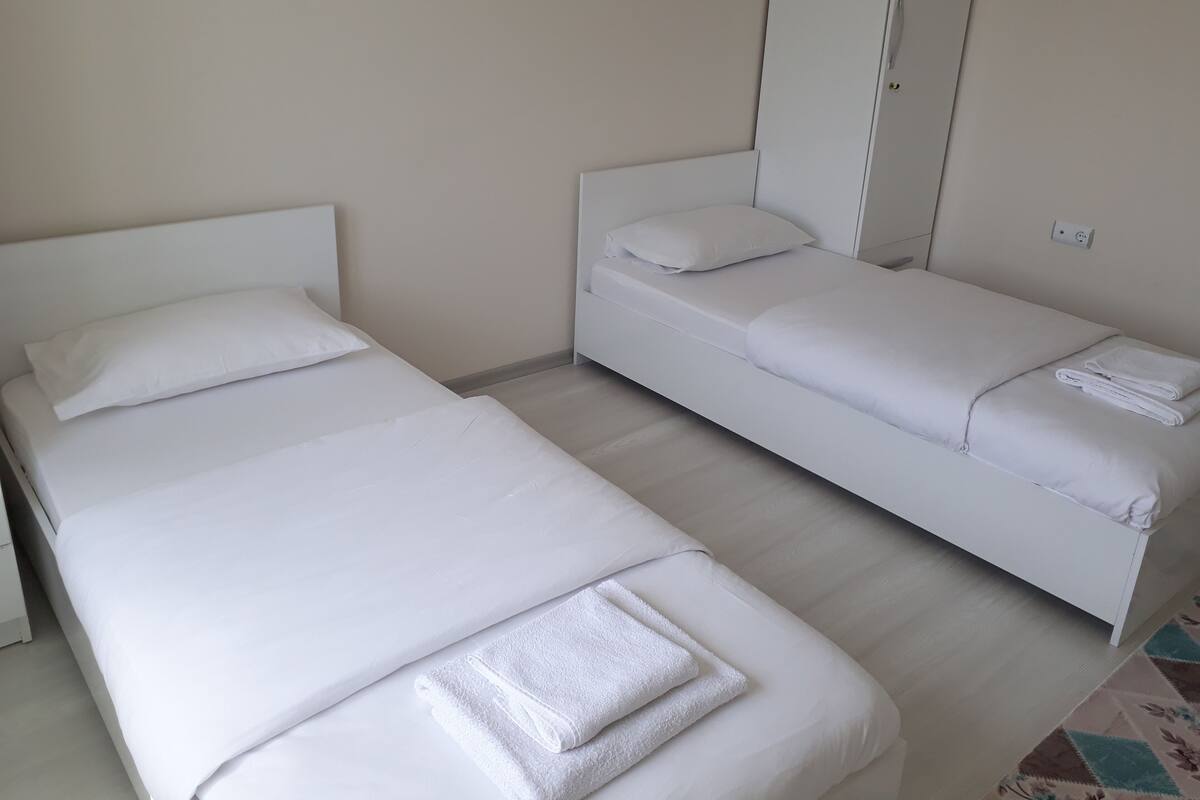 Two single beds with white bedding and pillows, a small bedside table, and a power outlet on the wall.