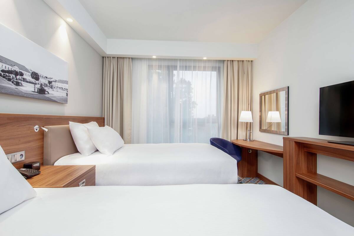Ein Hotelzimmer mit zwei Betten, einem Schreibtisch, einem Fernseher und einem Bild an der Wand.