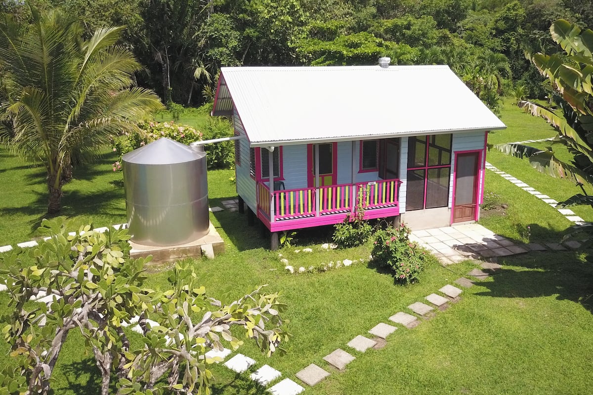 A small house with a white roof and pink accents, surrounded by lush greenery and a stone pathway.