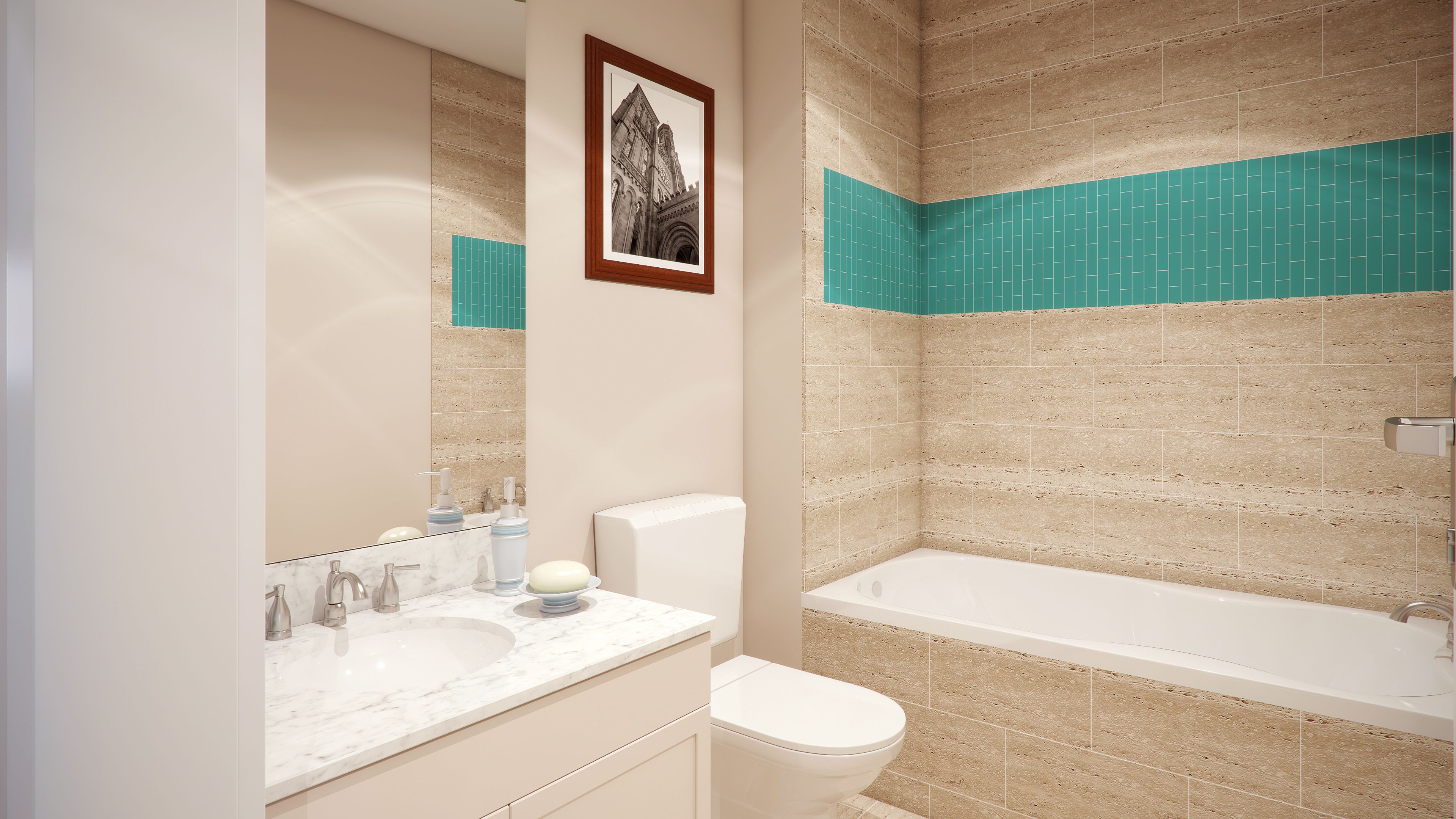 A bathroom with a marble sink, a toilet, and a bathtub.
