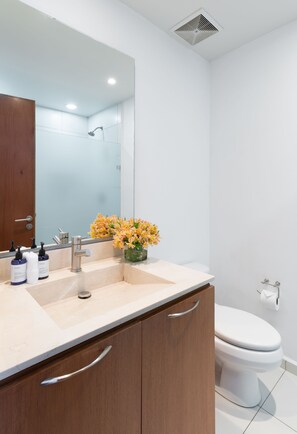 A modern bathroom with a large mirror, a sink with multiple bottles, a toilet, and a shower.
