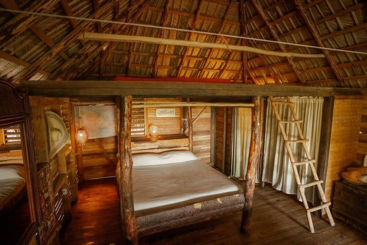 Ein rustikales Holzschlafzimmer mit einem Reetdach, einem Etagenbett, einer Leiter und einem kleinen Tisch mit einer Flasche.