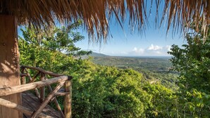 A wooden deck with a thatched roof overlooking a lush green landscape. - Ecolodge Tubagua Puerto Plata (Puerto Plata)