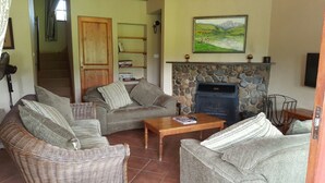 Una sala acogedora con muebles de mimbre, chimenea de piedra y una estantería.
