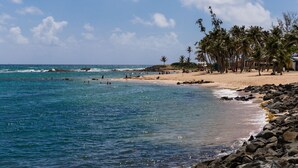 A beach with clear blue water, sandy shore, and palm trees. - Hotel Mome (San Juan)