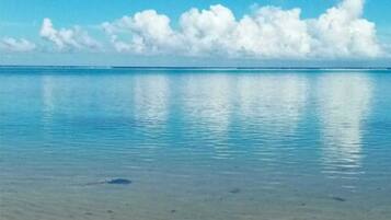 A beach with clear blue water and a sandy shore.