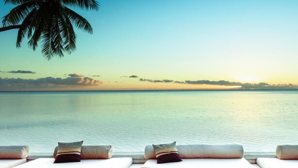 A beach view with a palm tree, a sunset, and lounge chairs with pillows. - Moorea Beach Lodge (Moorea-Maiao)