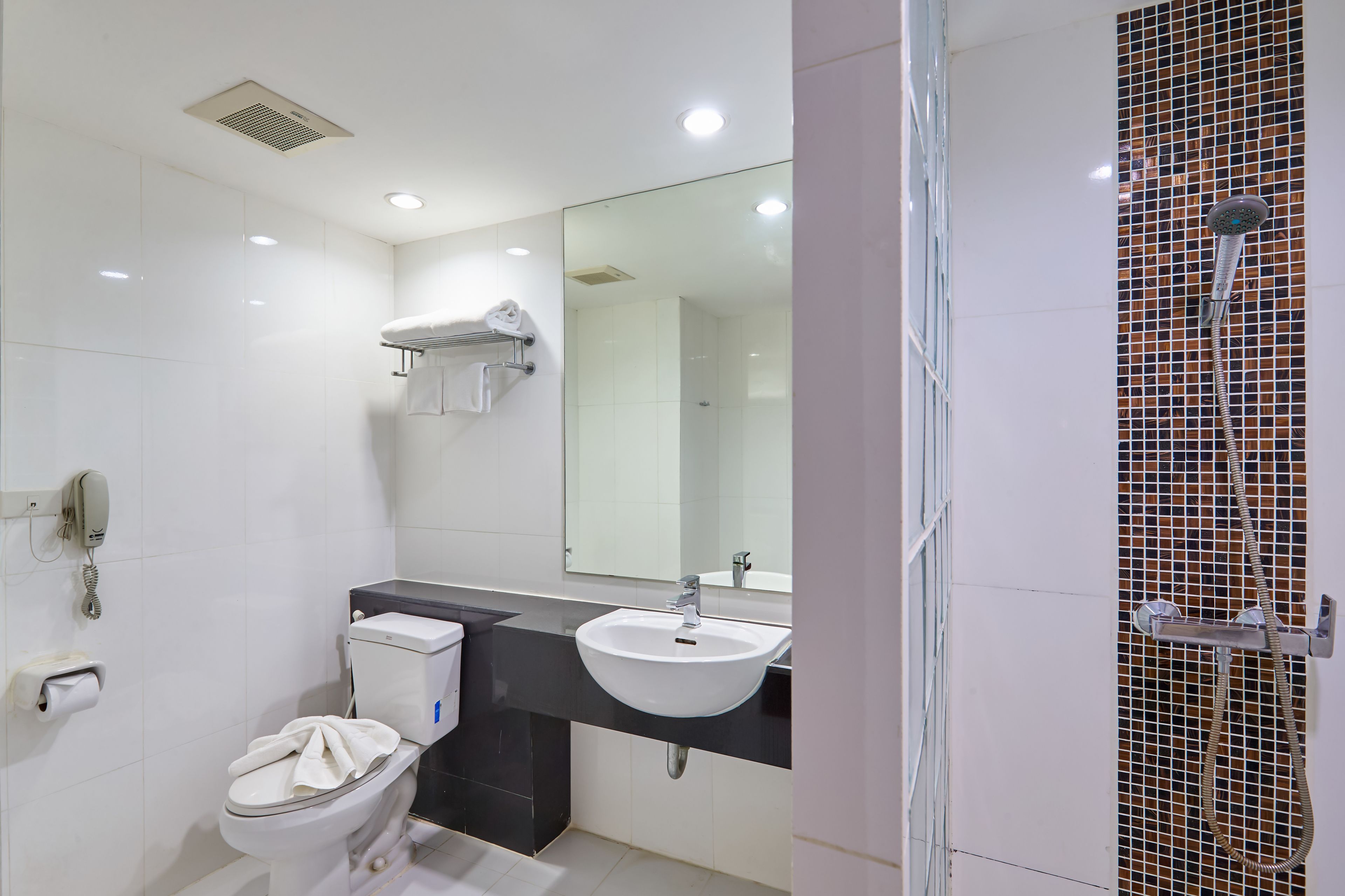 A modern bathroom with a toilet, sink, and shower.