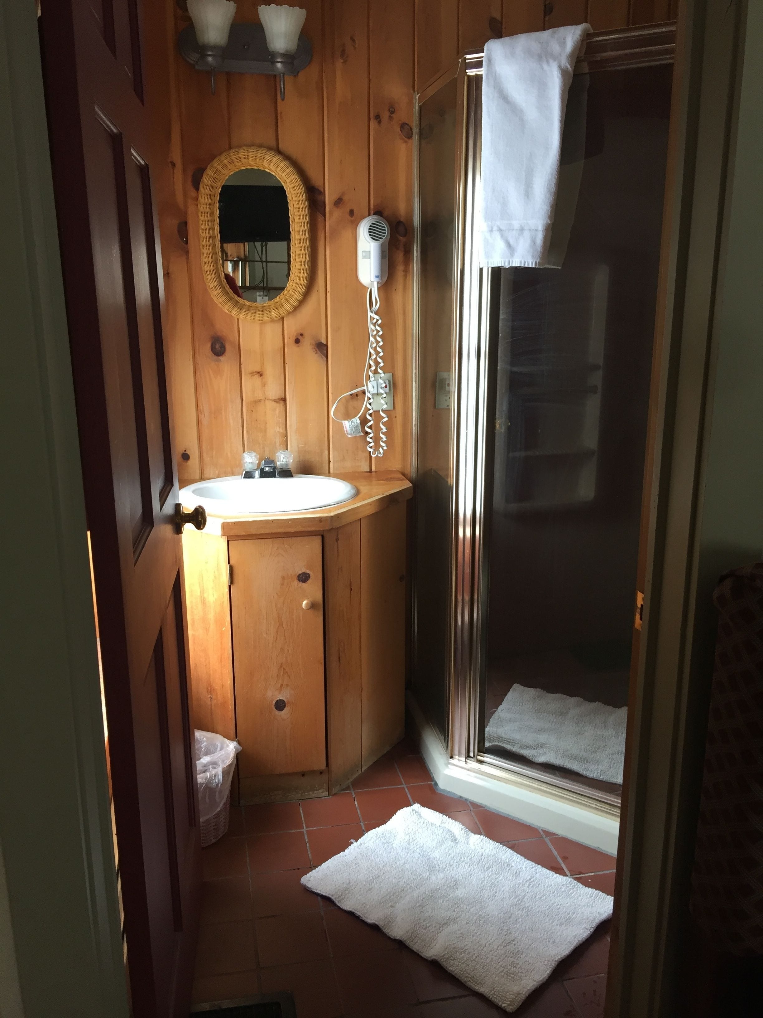 A wooden bathroom with a sink, mirror, and shower.