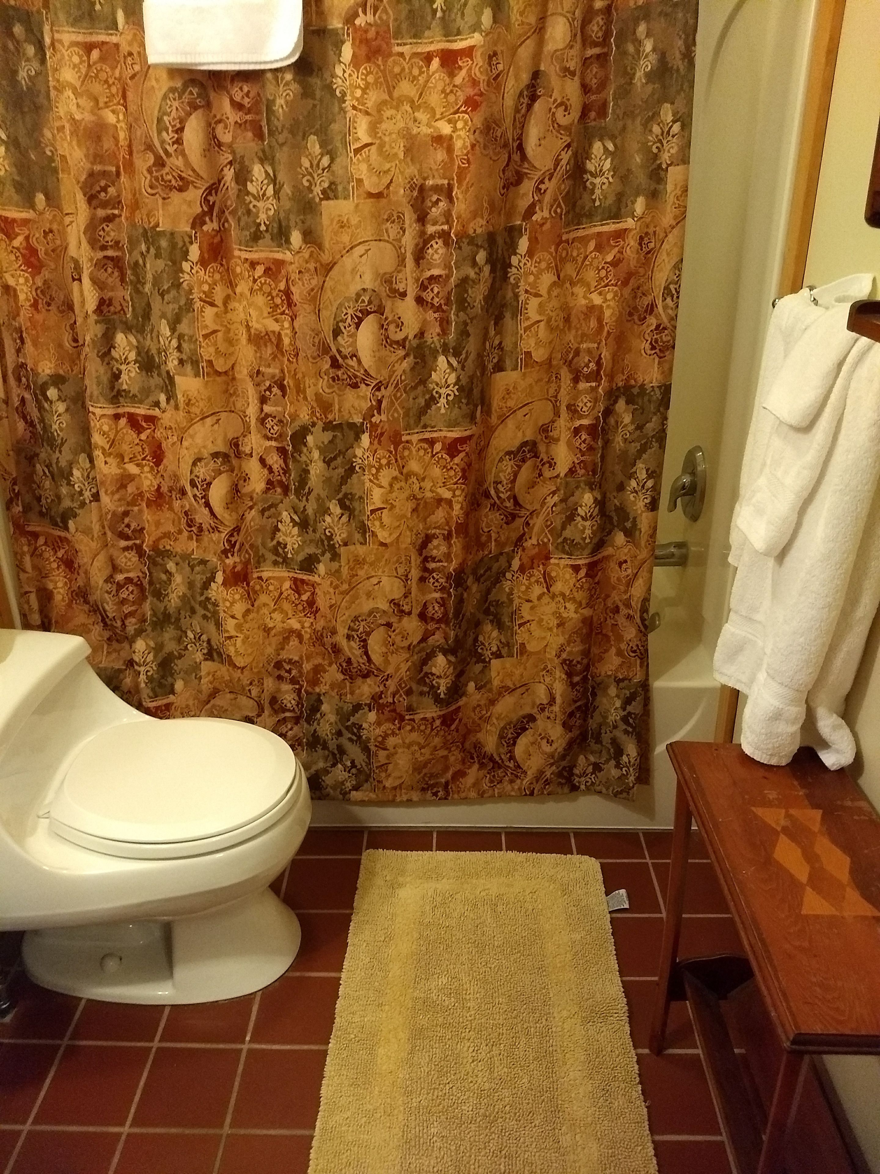 A bathroom with a patterned shower curtain, a white toilet, a wooden bench, and a white towel hanging on a rack.