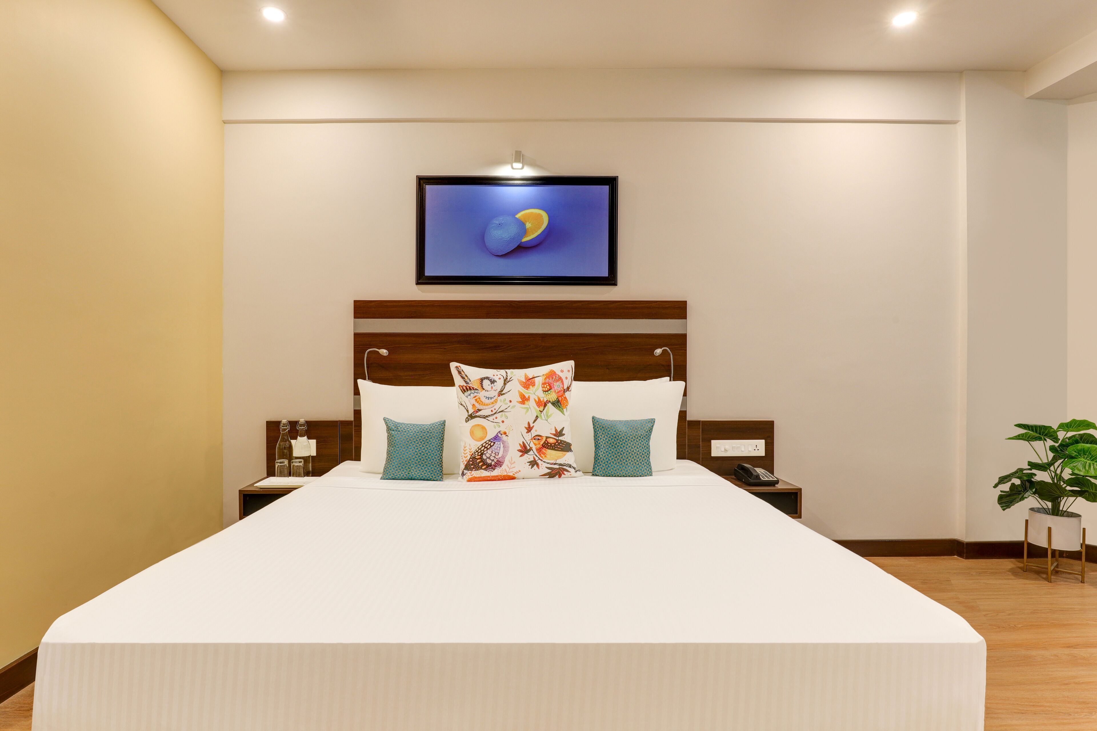 A hotel room with a large bed, a television mounted on the wall, and a bedside table with a lamp and a phone.