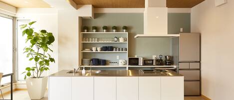 Una cocina moderna con una isla central, electrodomésticos de acero inoxidable y una planta en maceta.