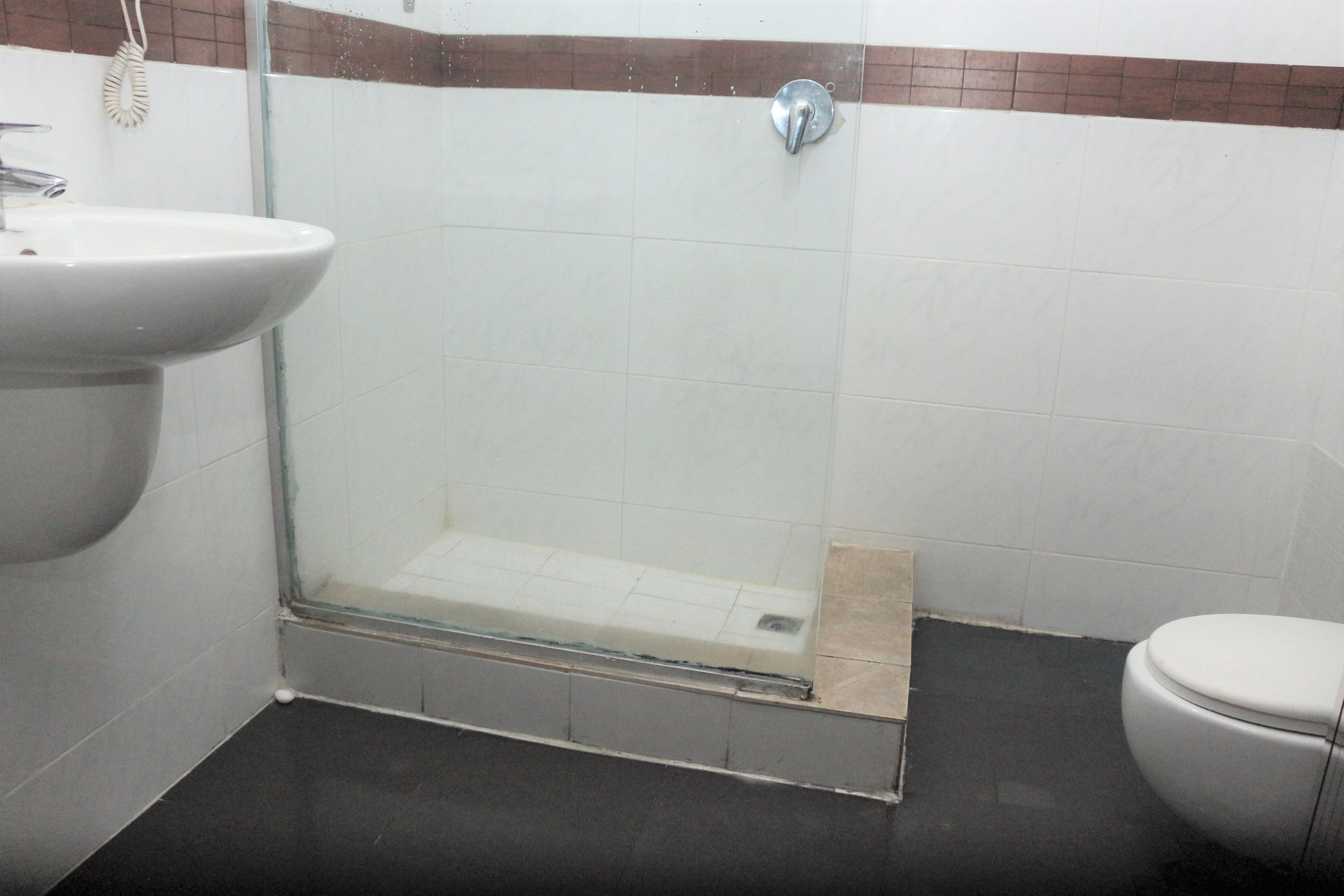 Un bany amb plat de dutxa de vidre, un lavabo i un vàter.