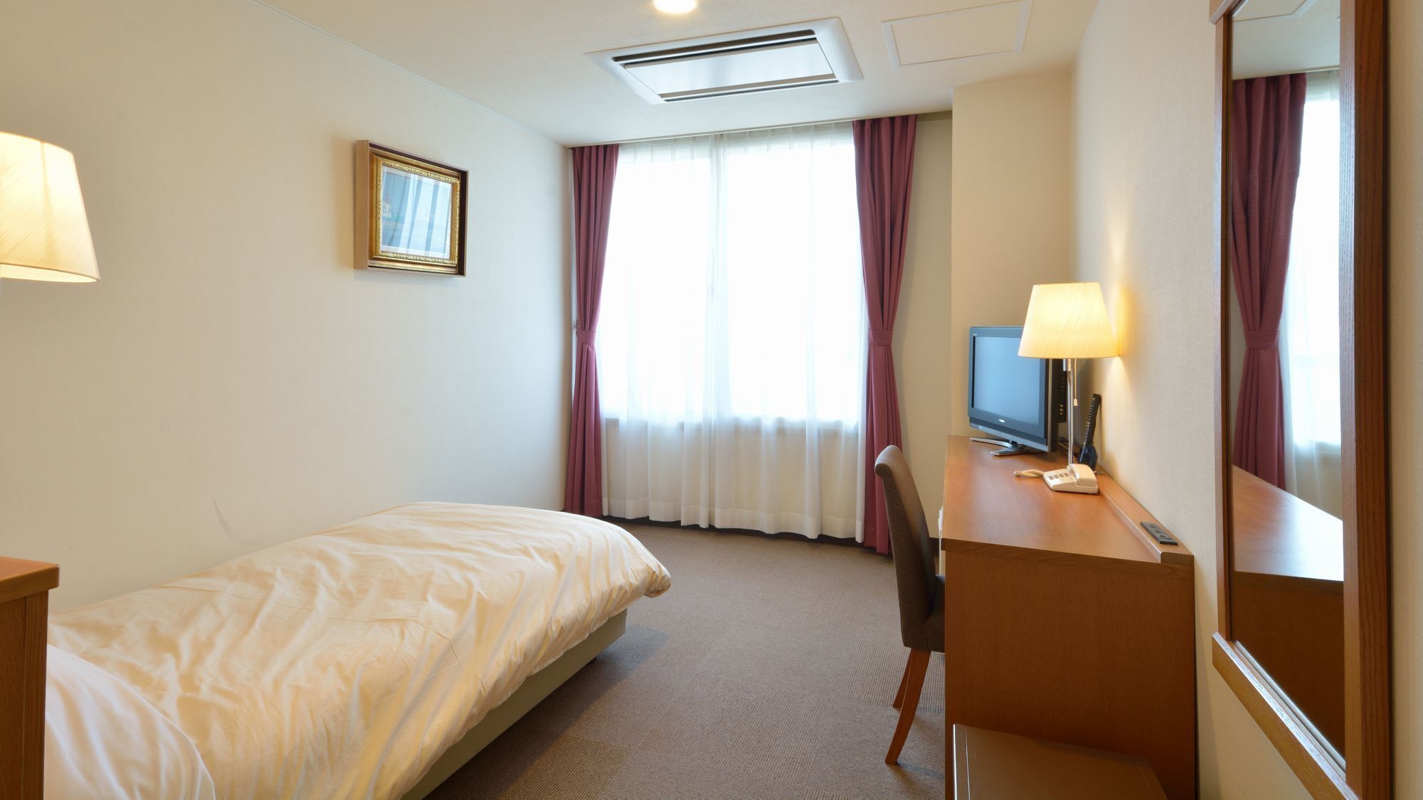Habitación de hotel con una cama, un escritorio con lámpara, televisor y espejo.