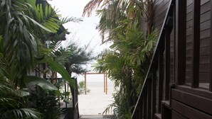 Un sentier mène à un bâtiment en bois surmonté d’un toit de chaume, entouré de plantes tropicales.